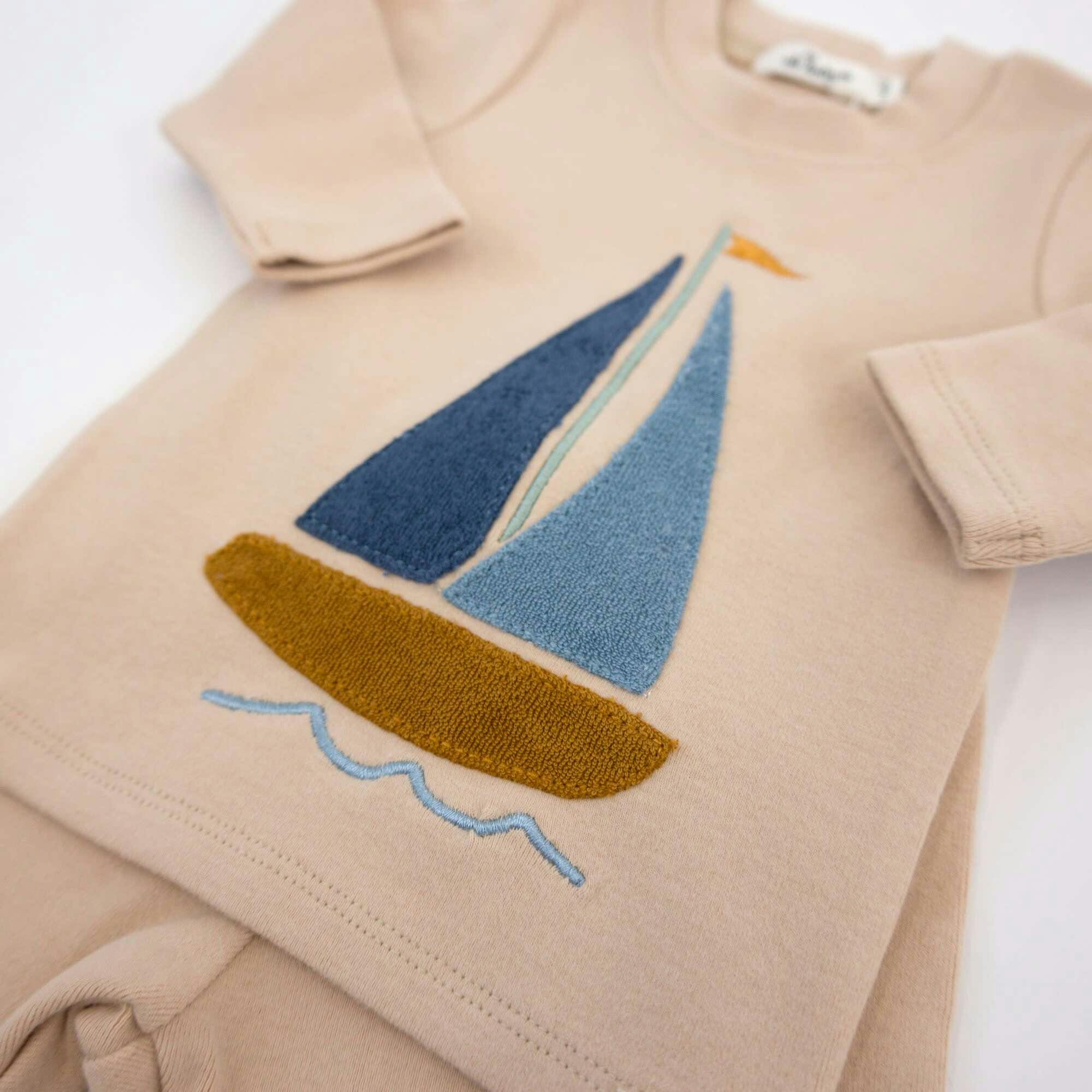 Denim Sailboat Terry Applique Two Piece Set