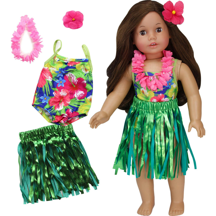 Sophia's Hawaiian Hibiscus Print Bathing Suit, Grass Skirt, Lei and Hair Flower for 18'' Dolls, Multi