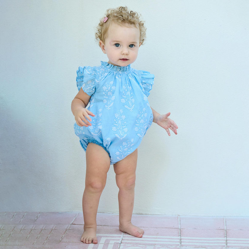 Baby Girls Harper Bubble - Blue Dewdrop Block Print