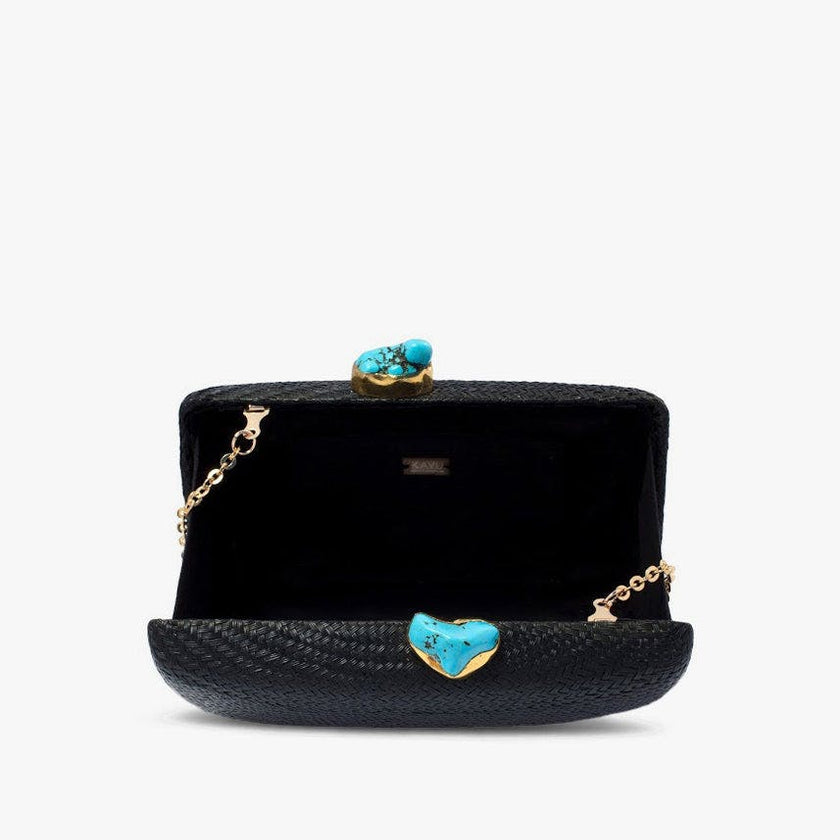 Women's Jen Straw Turquoise Stone Clutch Bag, Black