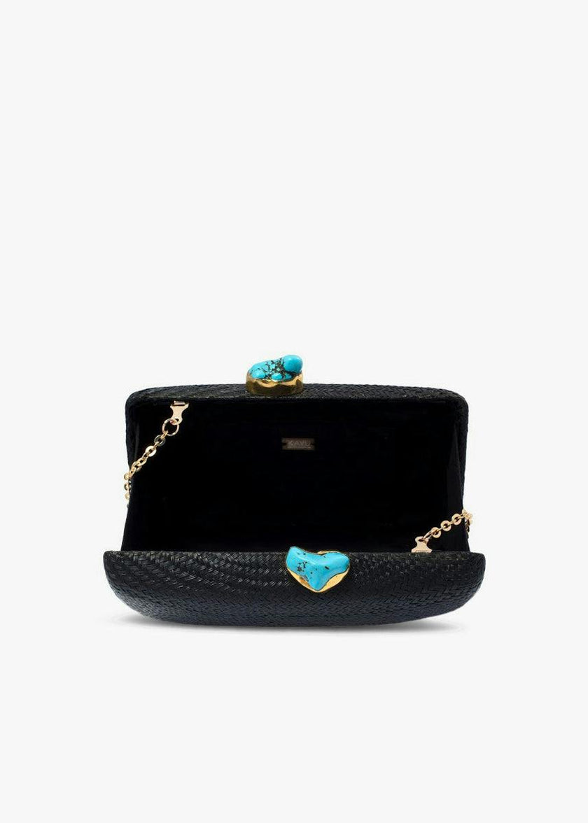 Women's Jen Straw Turquoise Stone Clutch Bag, Black