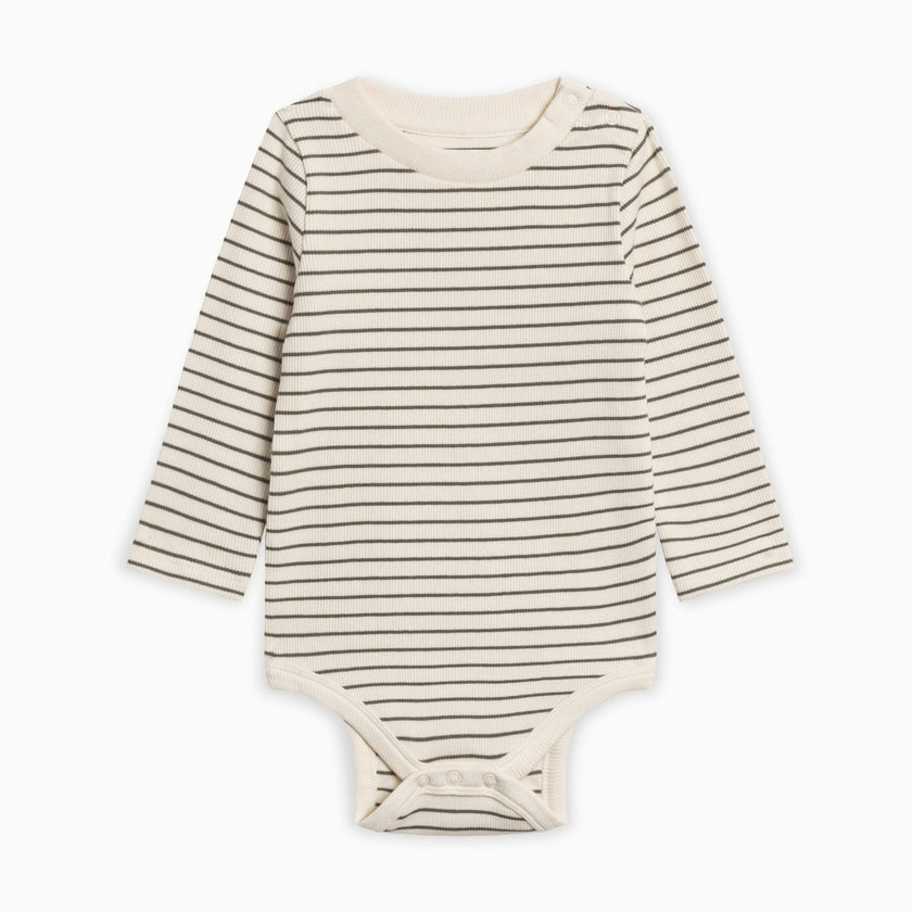 KENDI Sammy Ribbed Snap Shoulder Long Sleeve Bodysuit Olive Stripe