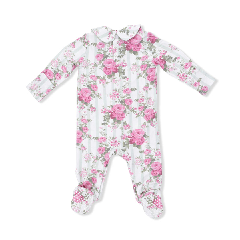 Cabbage Rose Stripe - Smocked Peter Pan Snap Footie