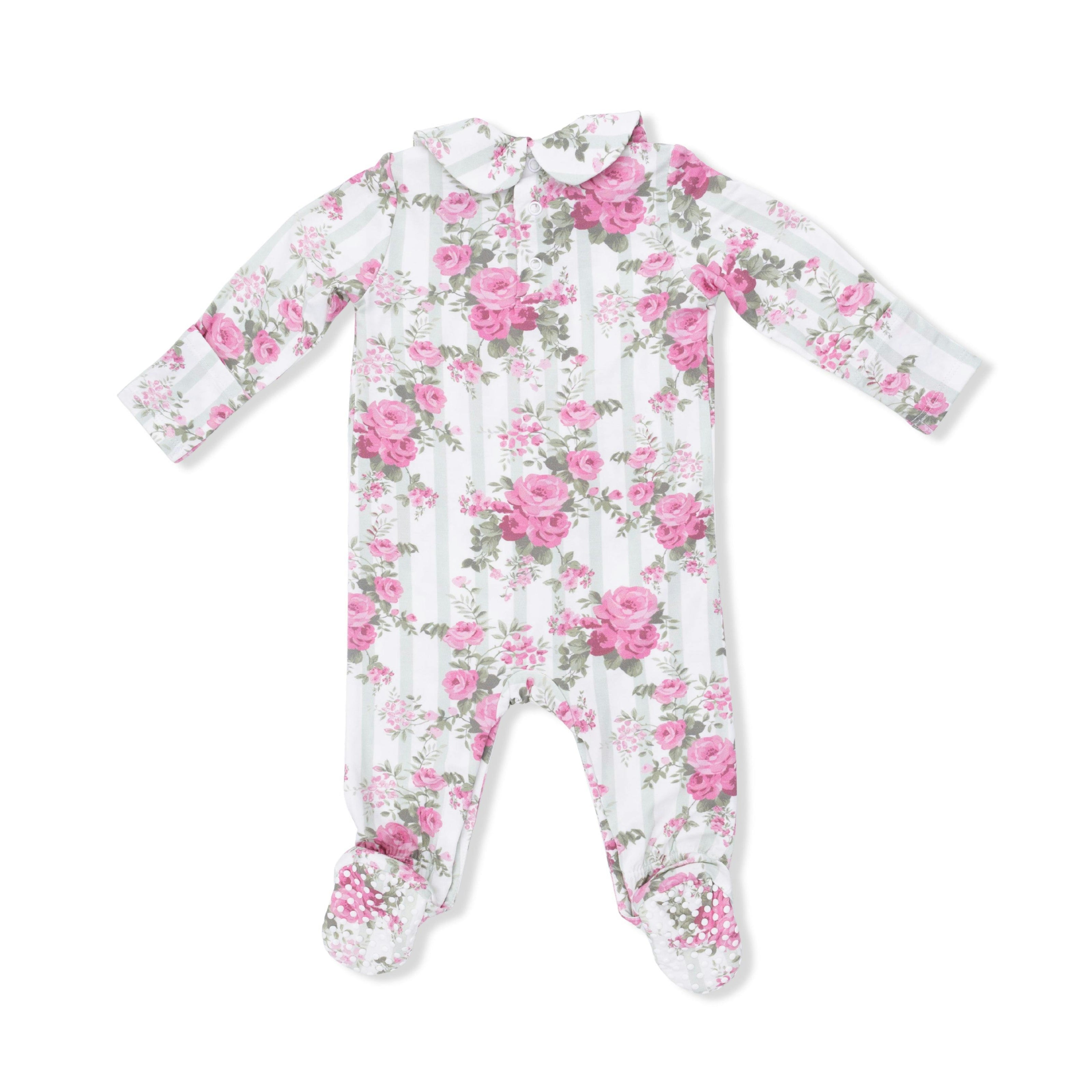 Cabbage Rose Stripe - Smocked Peter Pan Snap Footie