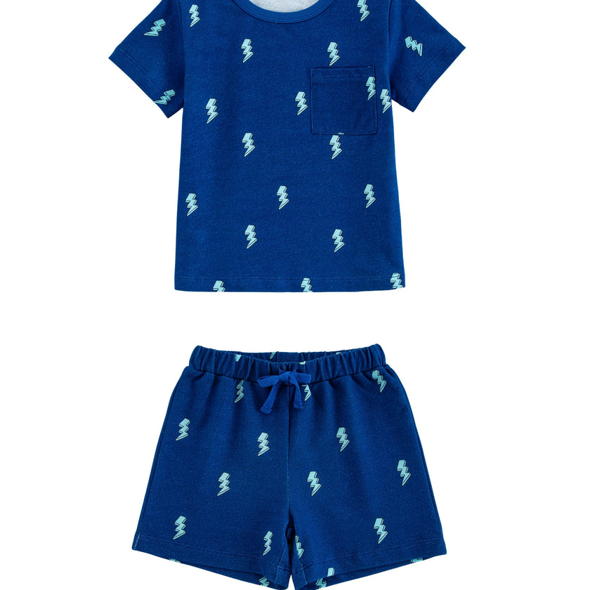 Lightweight French Terry Tee & Shorts Lounge Set, Blue Lightning
