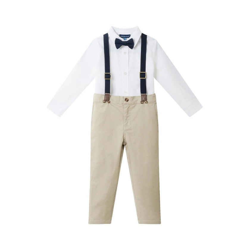 Kids White Buttondown Bowtie and Suspenders Set