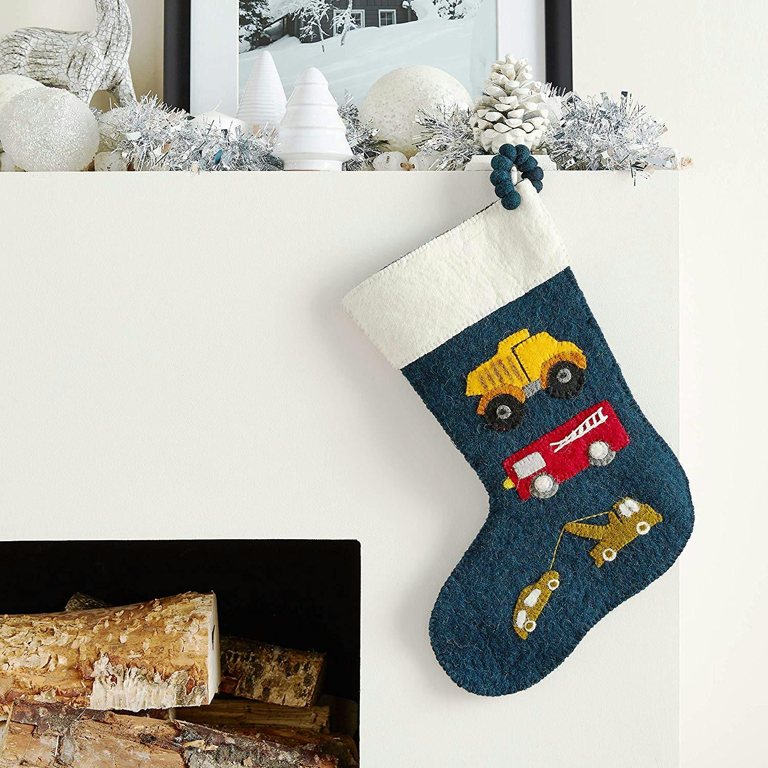 Trucks Navy Christmas Stocking Hand Felted Wool Arcadia Home