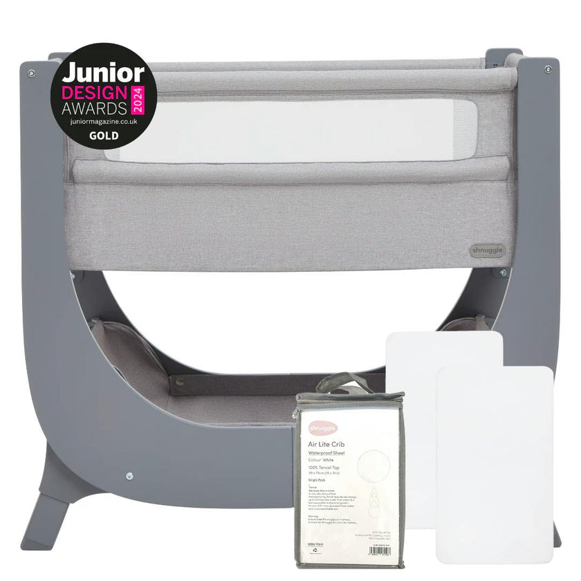 Shnuggle Air Lite Bedside Bassinet | Infant Crib | Height Adjustable Baby Bed with Mattress + 1 Waterproof + 2 White Sheets