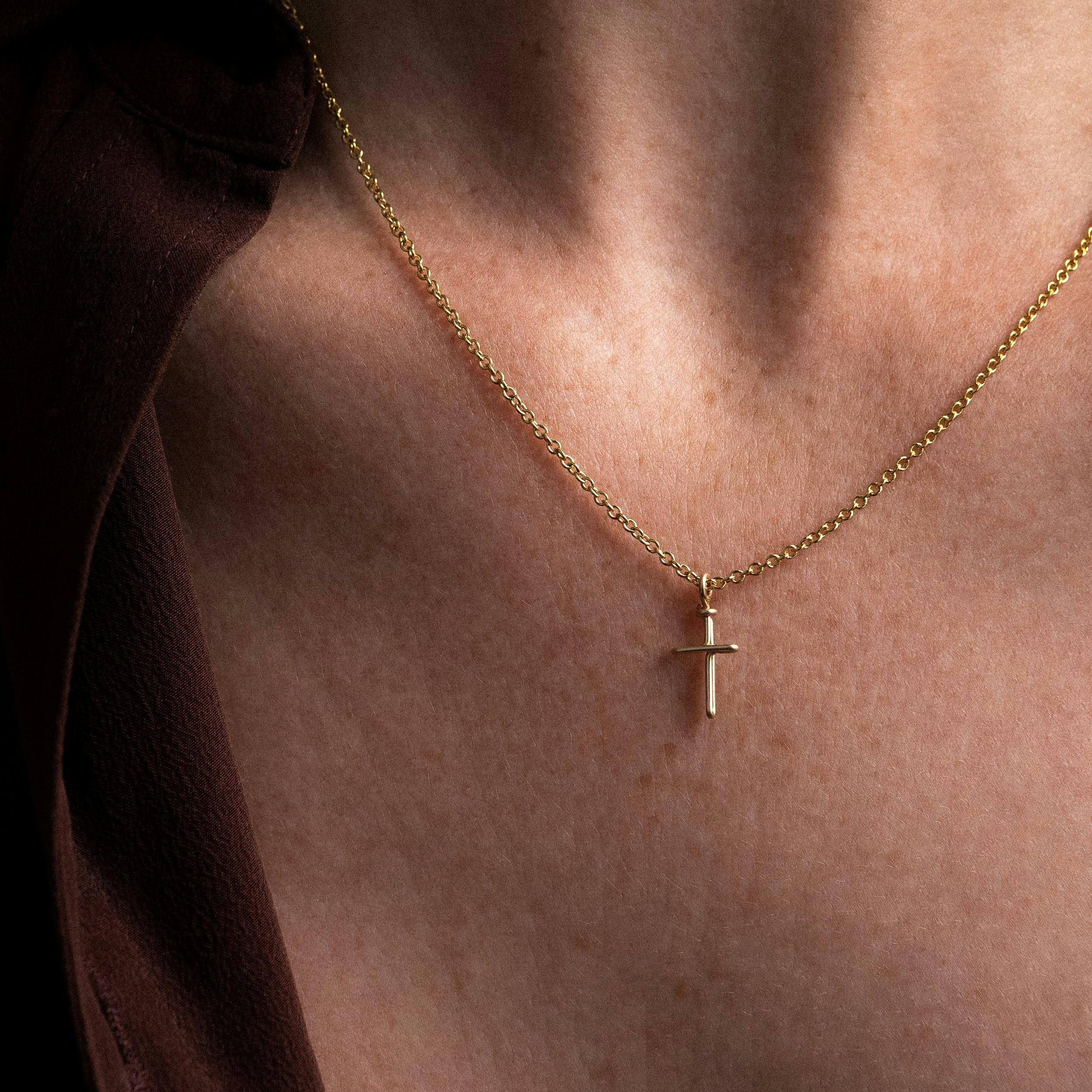 Symbolic Cross Charm Necklace, Rolled Yellow Gold