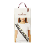 Packed Party Birthday Vibes Tinsel and Glitter Party Sash – 60 Inch Multicolor Tinsel Fringe with Iridescent Glitter Letters and Gold Binding Ties, One Size