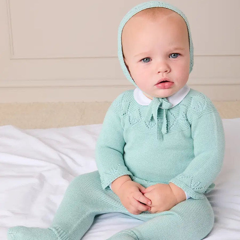 Diamond Openwork Three Piece Knitted Set in Sage Green (1-9mths)