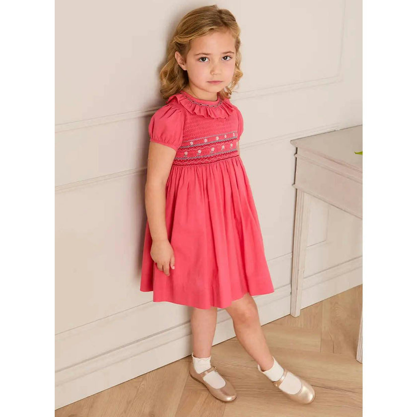 Hand Smocked Flower Embroidered Dress in Strawberry (12mths- 10yrs)