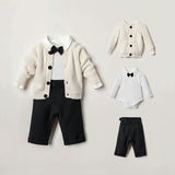 Cream 3-Piece Cardigan, Bow Tie Bodysuit & Trouser Set
