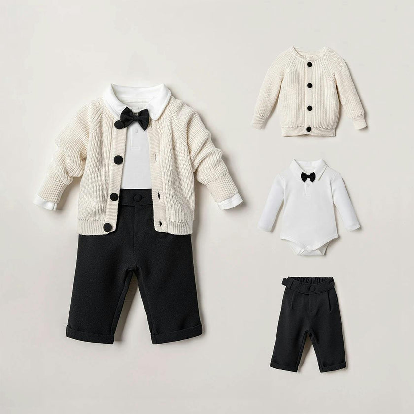 Cream 3-Piece Cardigan, Bow Tie Bodysuit & Trouser Set
