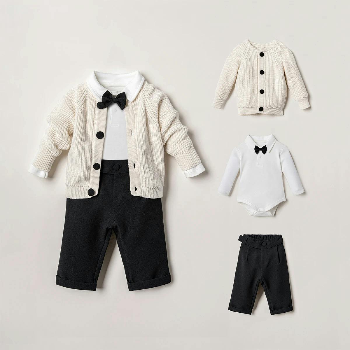Cream 3-Piece Cardigan, Bow Tie Bodysuit & Trouser Set