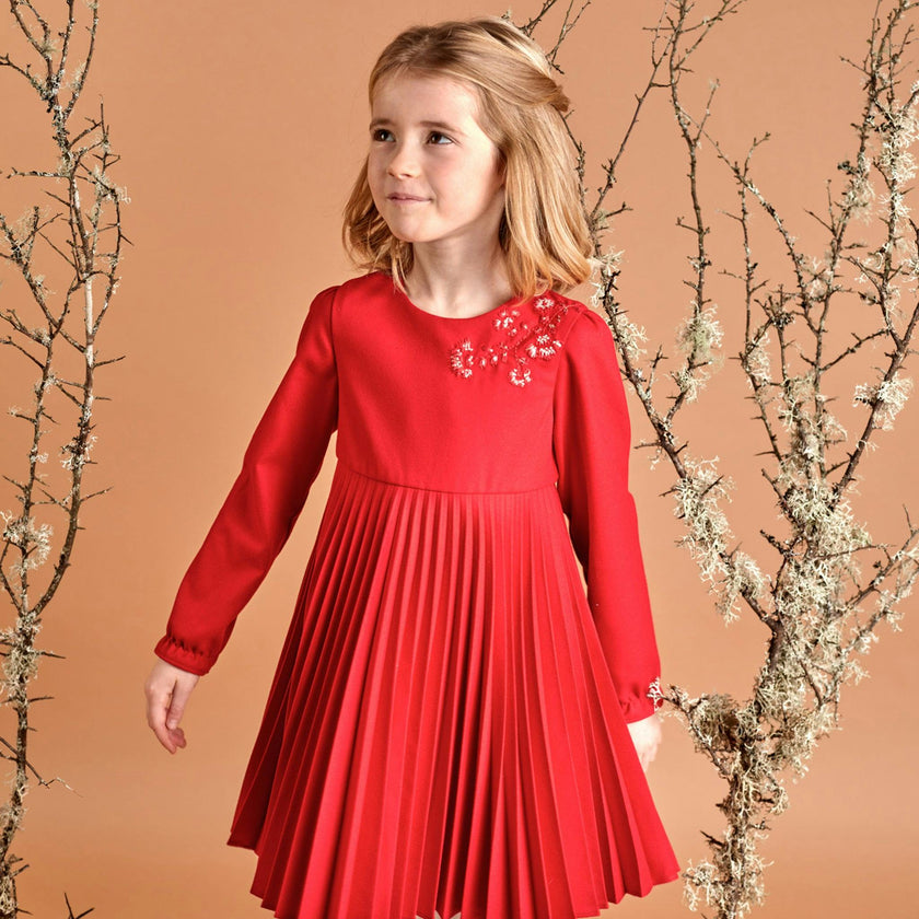 Red Pleated Floral Dress