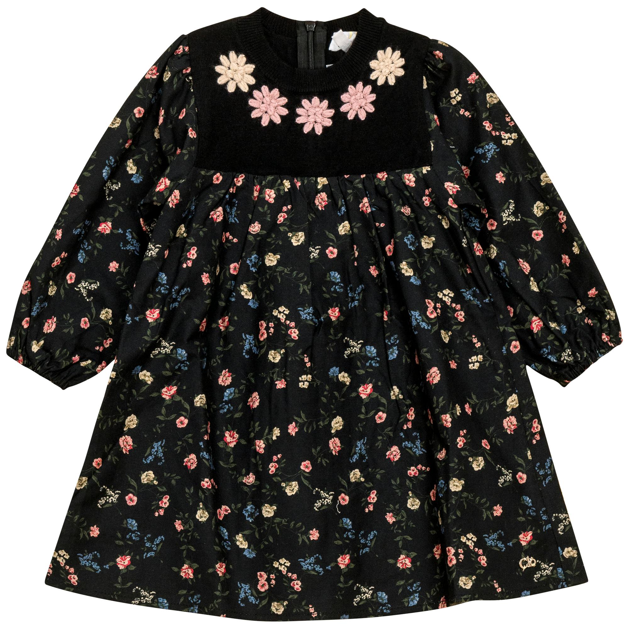 Flower Print Embroidered Long Sleeve Dress