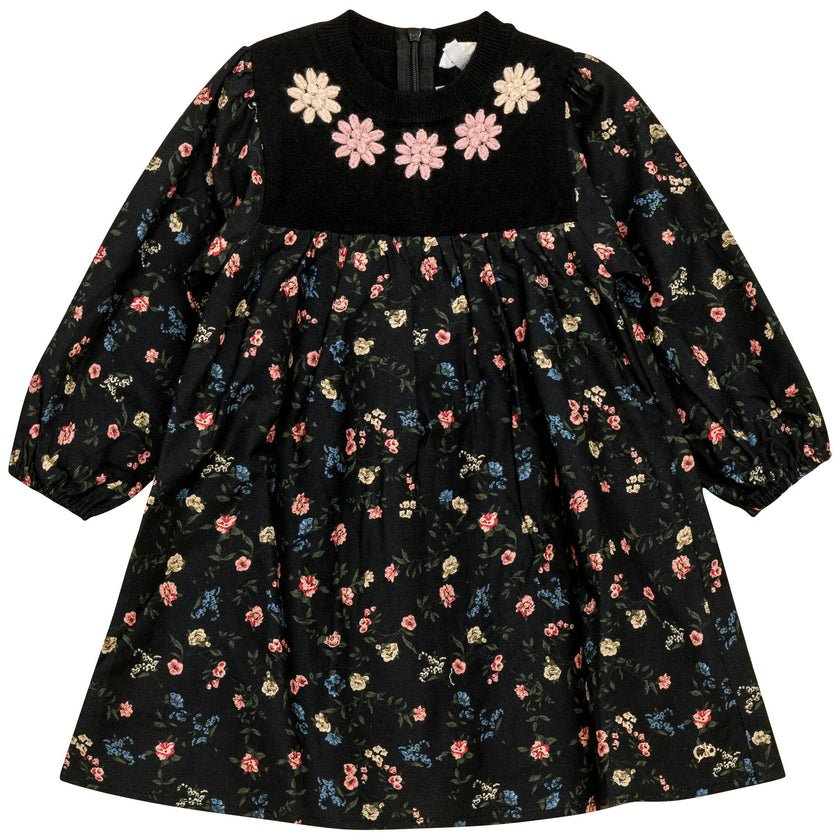 Flower Print Embroidered Long Sleeve Dress
