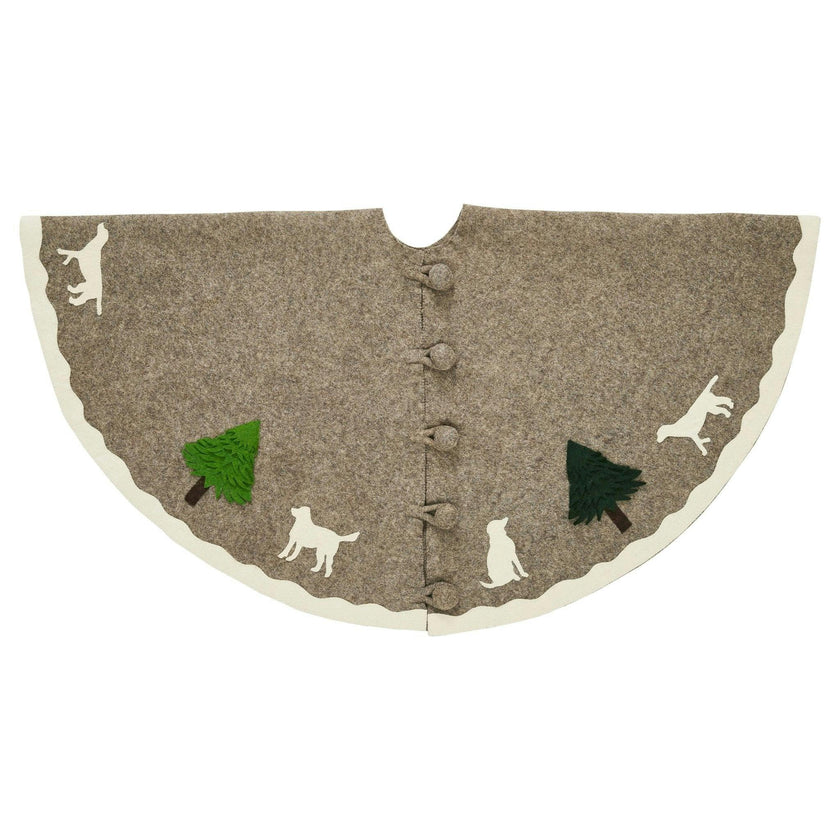 Cream Dogs and Green Trees Christmas Tree Skirt Gray Hand Felted Wool - 60" / 72"