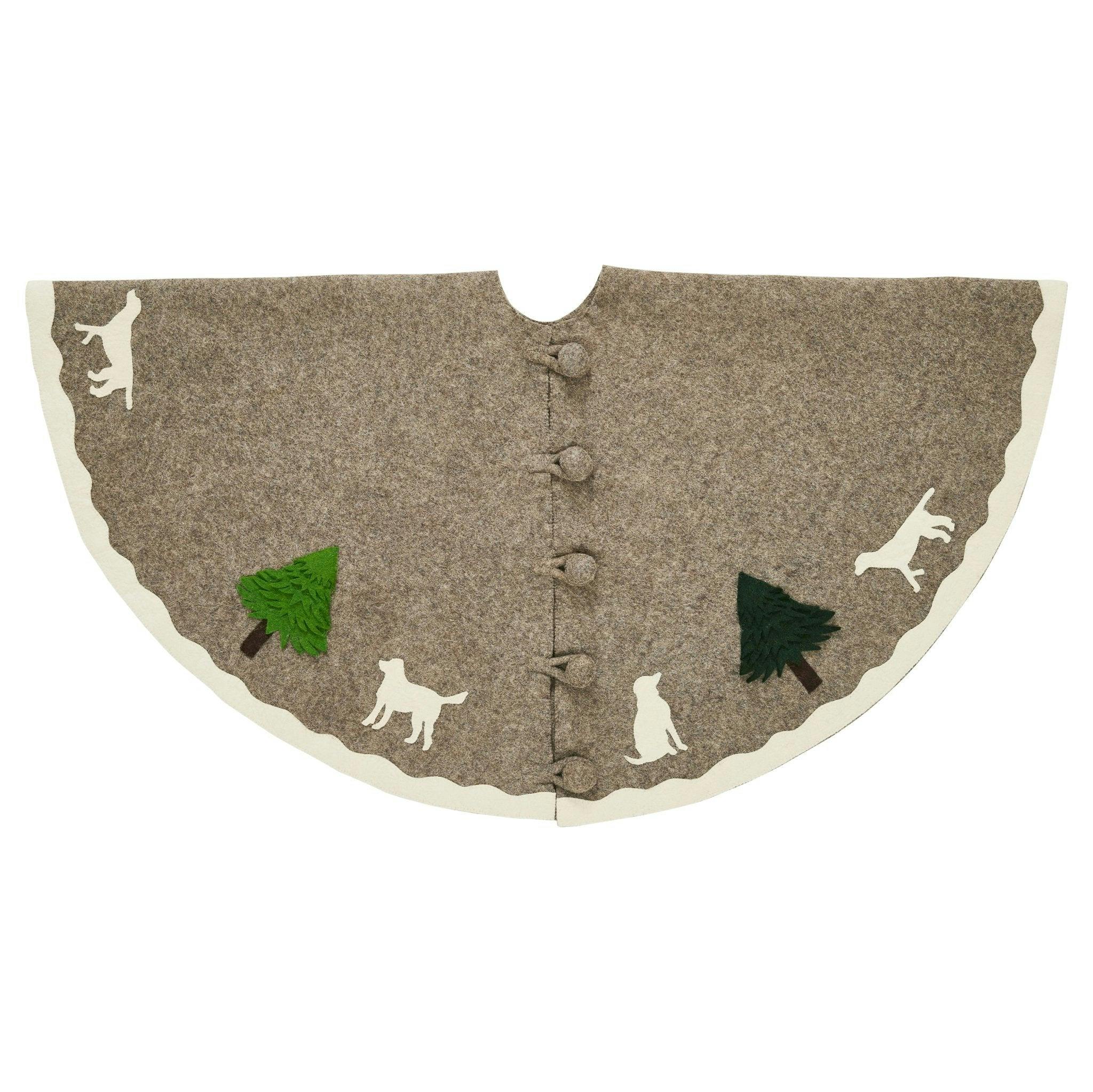 Cream Dogs and Green Trees Christmas Tree Skirt Gray Hand Felted Wool - 60
