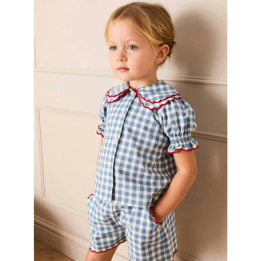 Darby Gingham Scallop Layered Collar Short Sleeve Blouse in Blue (18mths-12yrs)