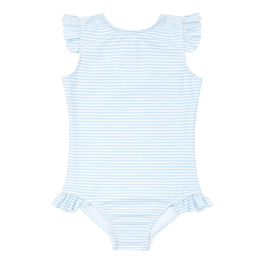 girls powder blue stripe ruffle cap sleeve one piece