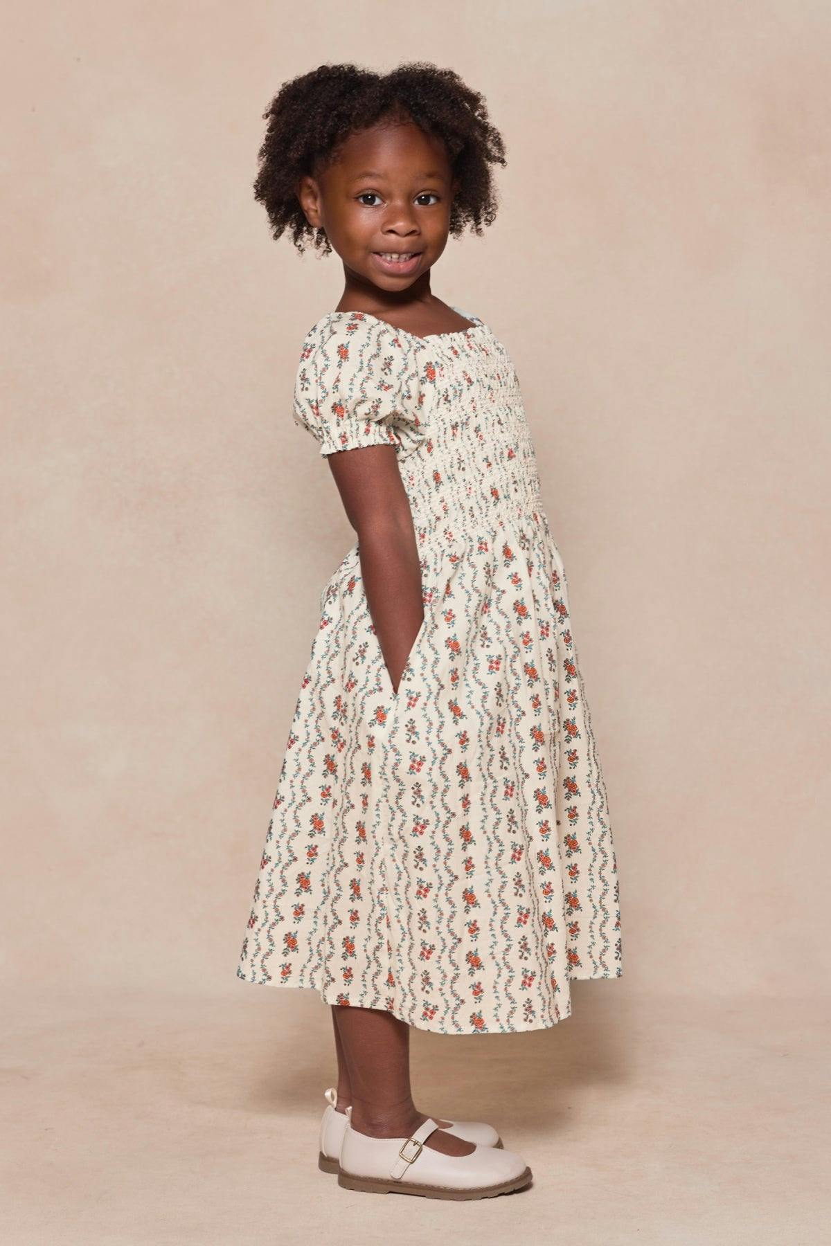 Mini Sunday Best Dress in Linear Poppy Woodblock