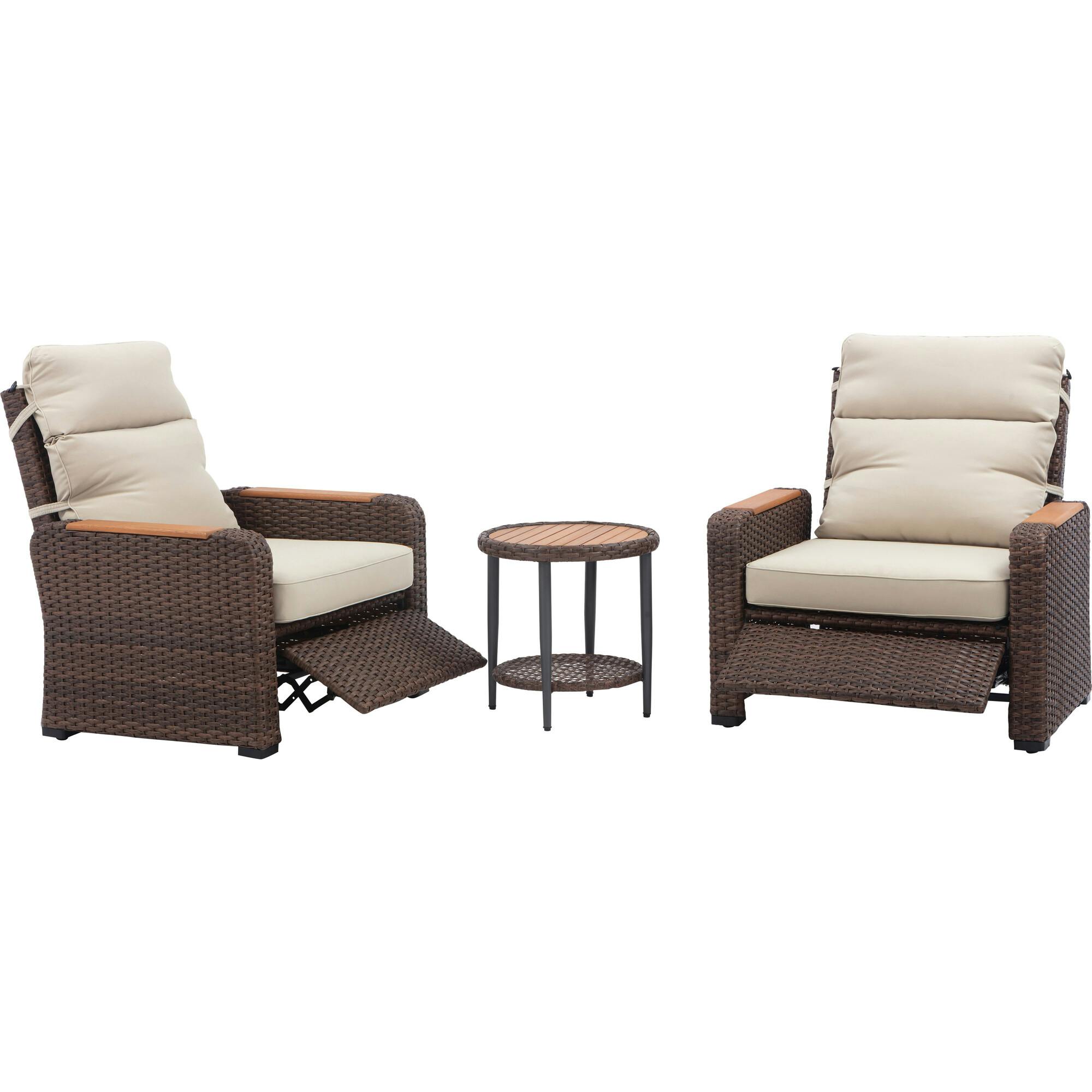 Teamson Home Outdoor Seating  Wicker Frame & Wood Armrests Recliner Set in Warm Brown