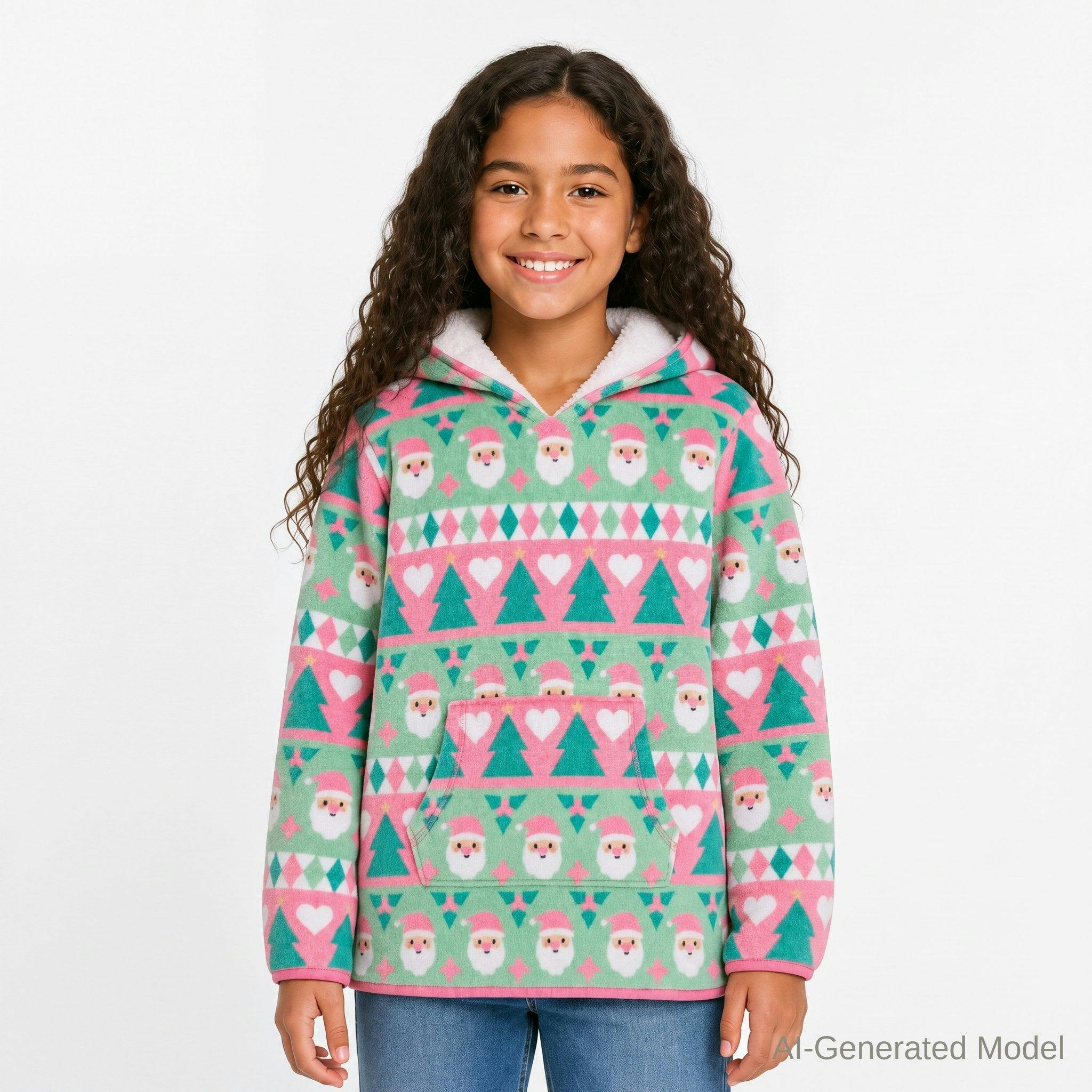 Tween (7-16) Girls Plush Hoodie | Holiday Fair Isle