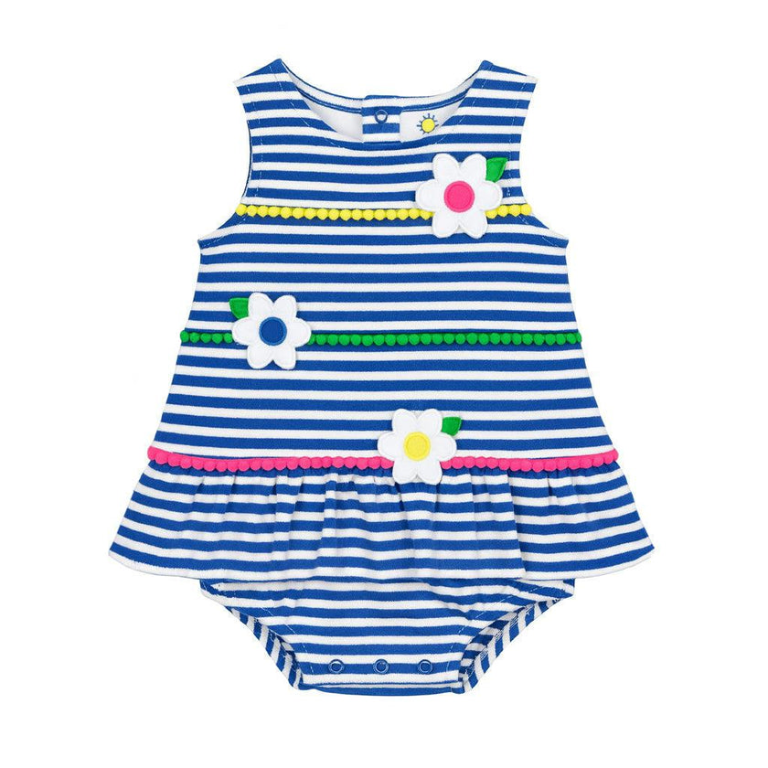 Stripe Knit Romper With Pom Poms & Flowers