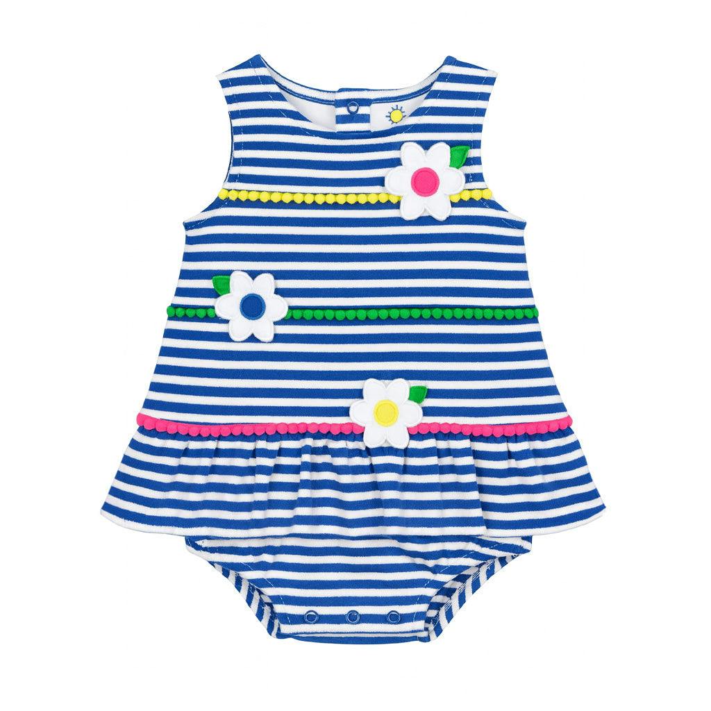 Stripe Knit Romper With Pom Poms & Flowers