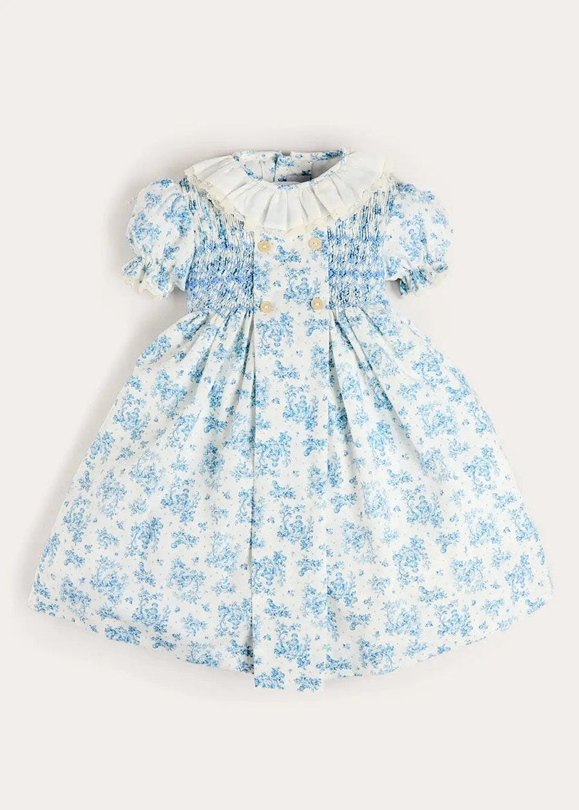 Audrey Toile Hand Smocked Ruffle Collar Short Sleeve Dress in Blue (12mths- 10yrs)