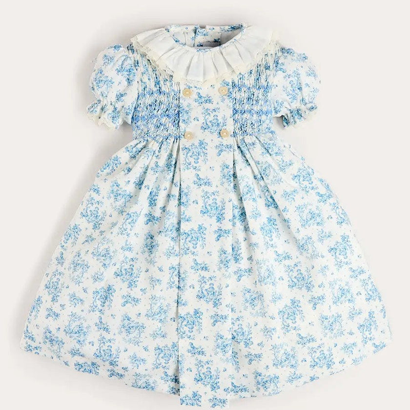 Audrey Toile Hand Smocked Ruffle Collar Short Sleeve Dress in Blue (12mths- 10yrs)