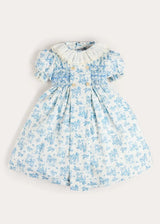 Audrey Toile Hand Smocked Ruffle Collar Short Sleeve Dress in Blue (12mths- 10yrs)