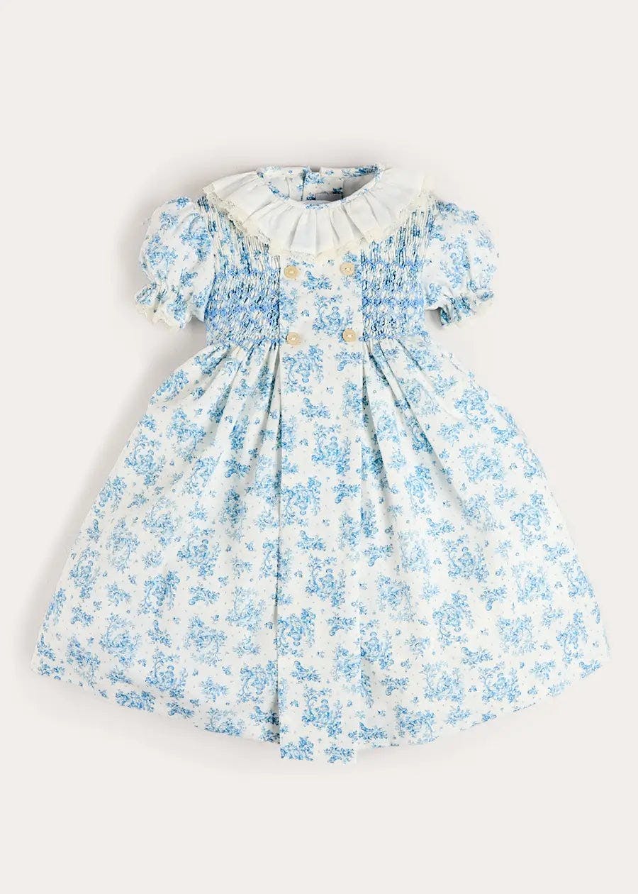 Audrey Toile Hand Smocked Ruffle Collar Short Sleeve Dress in Blue (12mths- 10yrs)