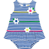 Stripe Knit Romper With Pom Poms & Flowers