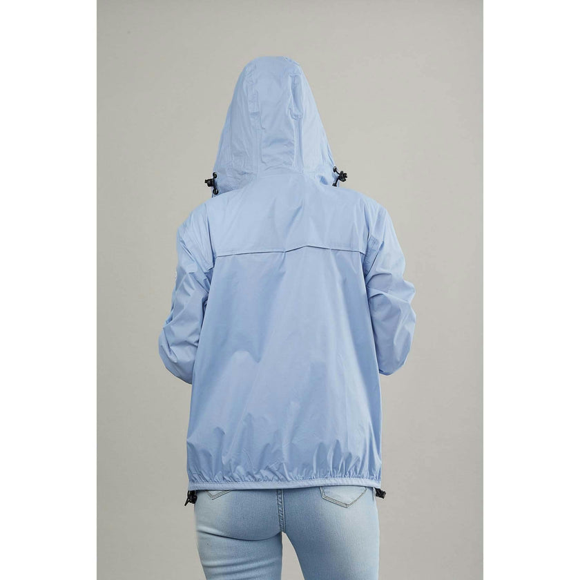Powder blue full zip packable rain jacket and windbreaker