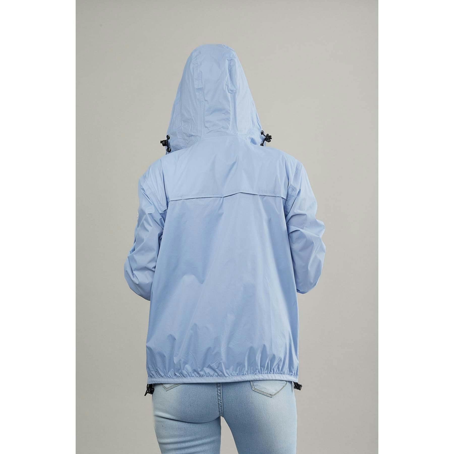Powder blue full zip packable rain jacket and windbreaker