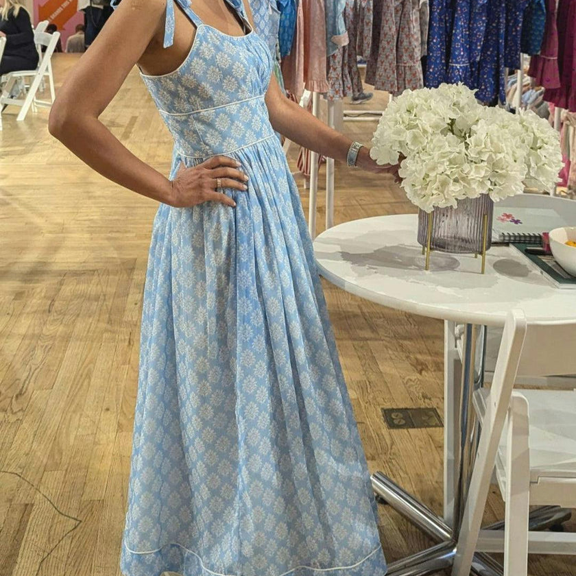 Women's Shirred Dress in Blue Block Print