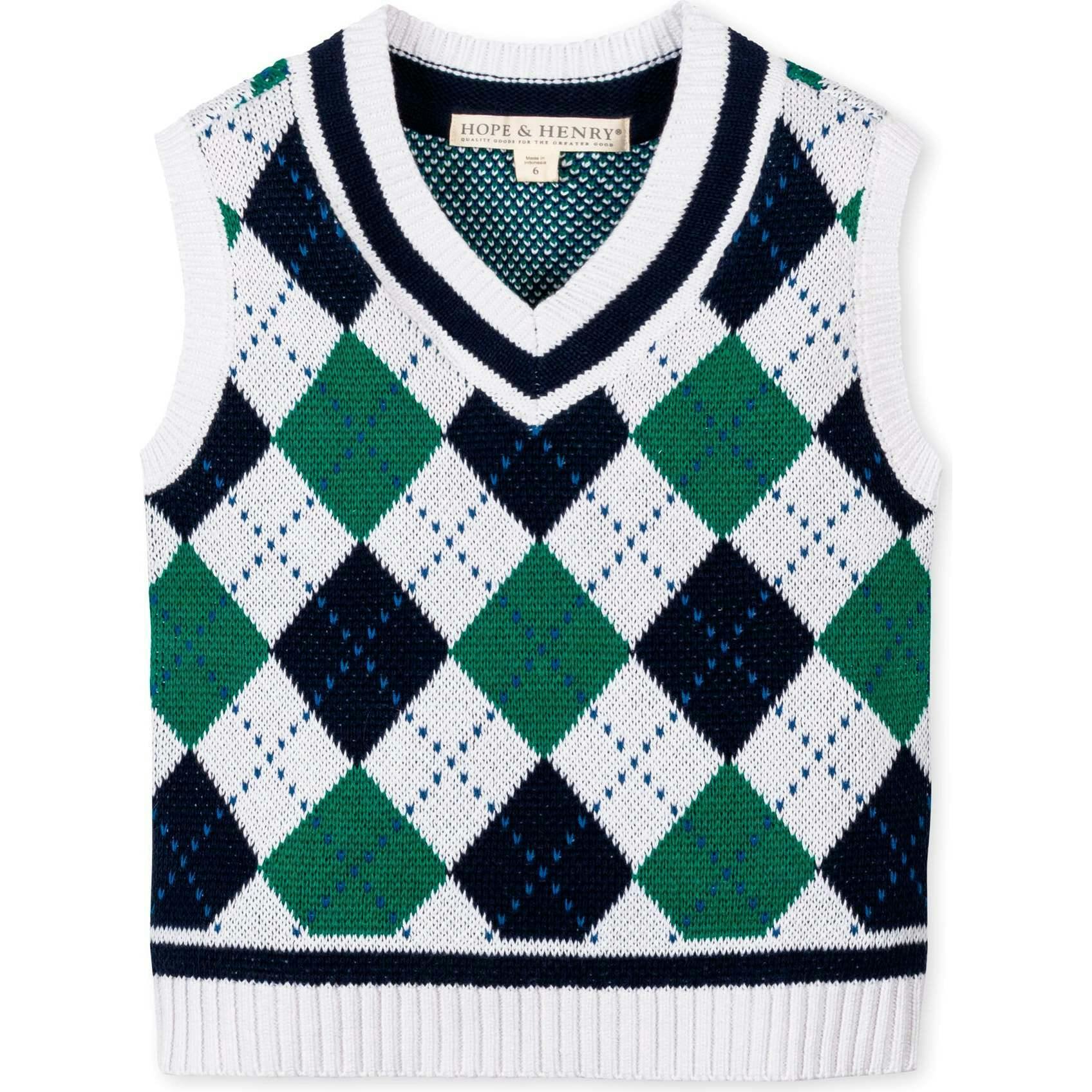 Organic V-Neck Argyle Sweater Vest, Blue