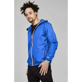 Women's royal blue full zip packable rain jacket and windbreaker