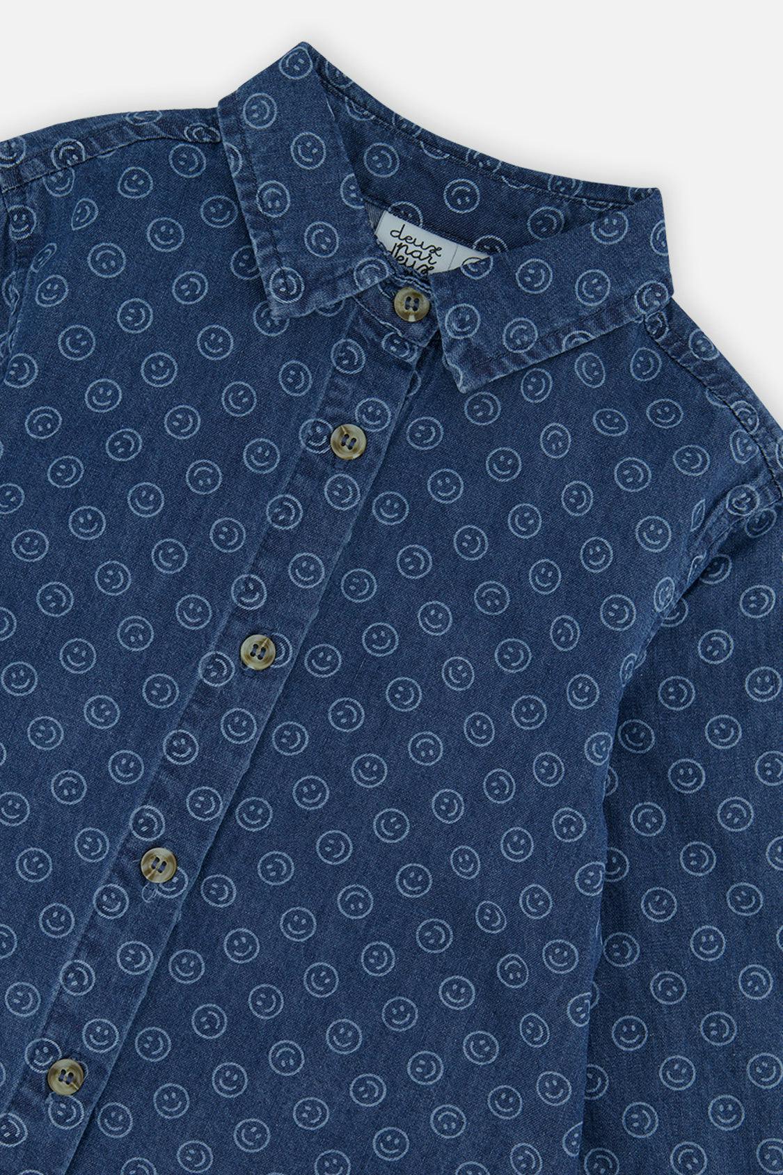 Chambray Shirt Blue Smiley Print