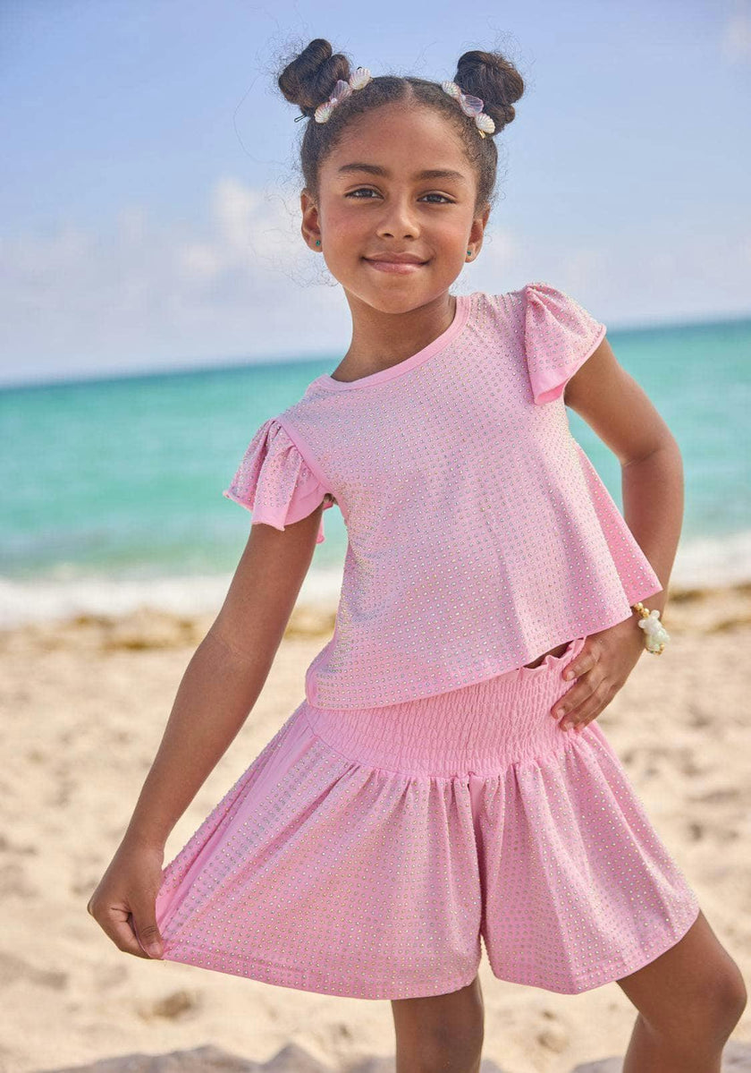 Pink Crystal Ruffle Short Set