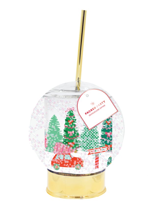 Packed Party Patented Snow Globe Holiday Sipper - 12 oz BPA-Free Shakeable Winter Wonderland Confetti Cup with Printed Christmas Scene and Gold Straw
