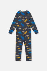 One Piece Thermal Underwear Grey and Blue Dinosaur Print