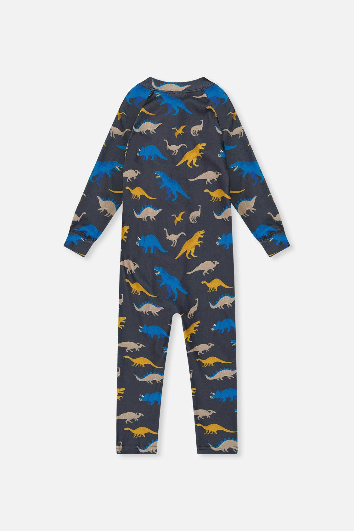 One Piece Thermal Underwear Grey and Blue Dinosaur Print