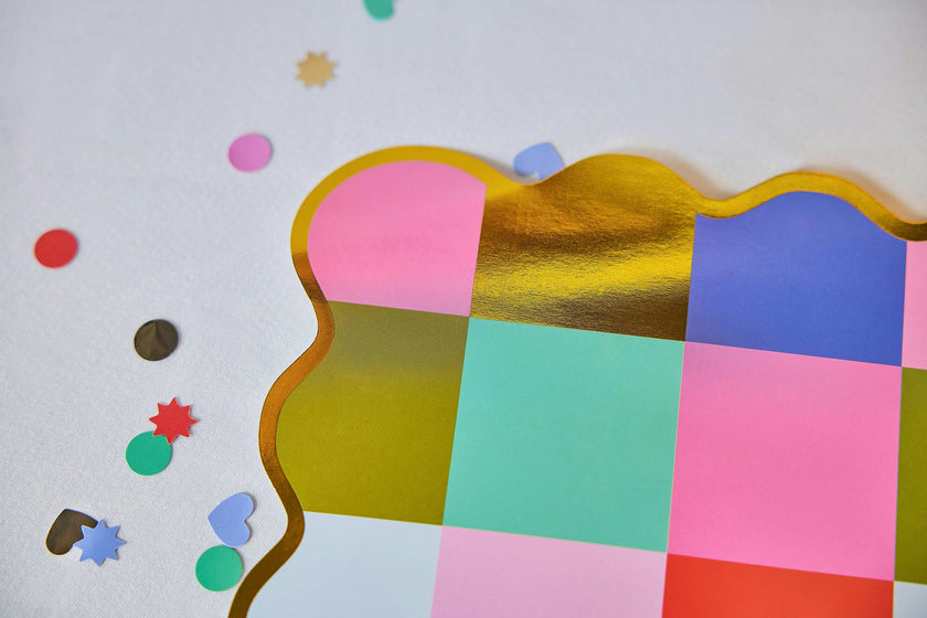 Packed Party Multicolor Checkered Square Paper Placemats 10ct | Gold Foil Festive Rainbow Design | 15 Inch Placemats for Birthday Party Tables