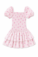 Lexi Vintage Rose Ballet Pink Satin Smocked Short Sleeve Ruffle Dress