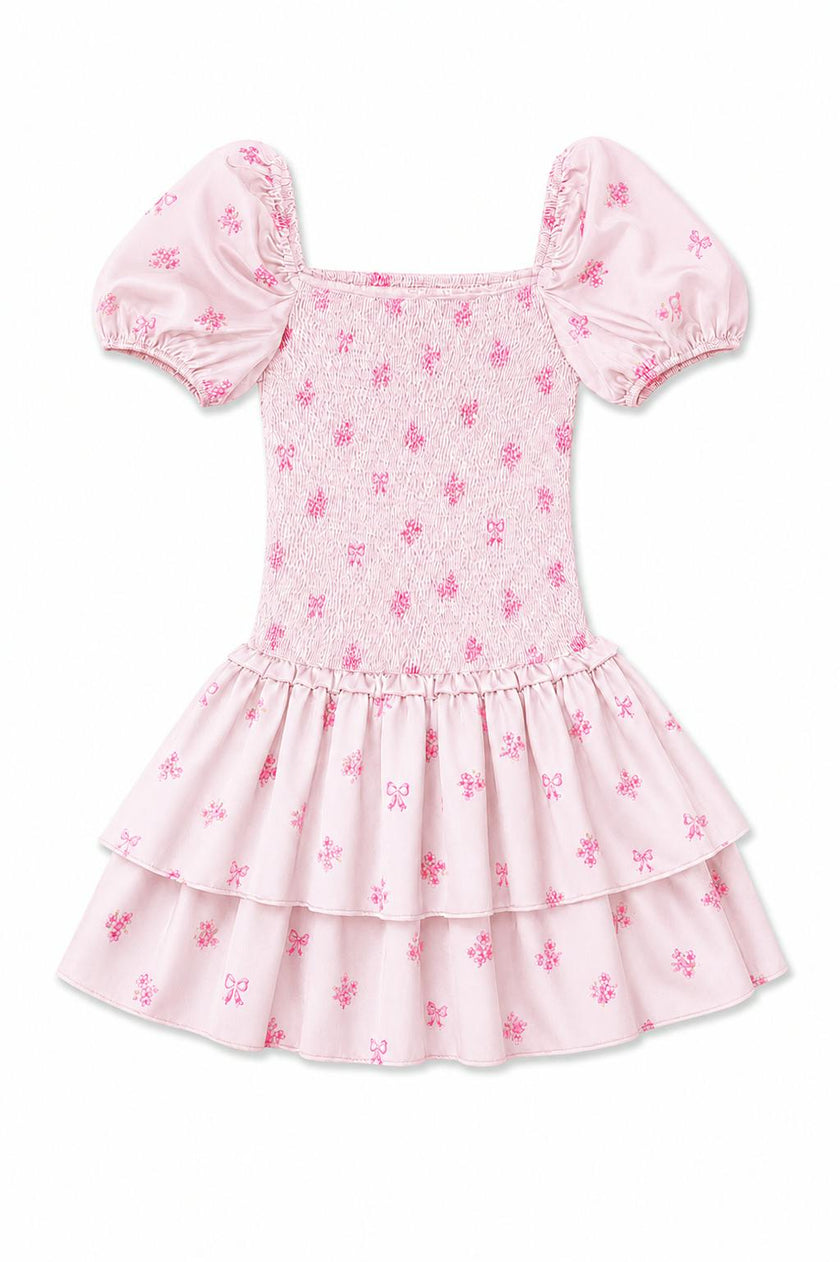 Lexi Vintage Rose Ballet Pink Satin Smocked Short Sleeve Ruffle Dress