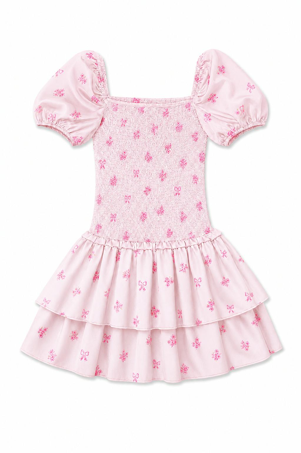 Lexi Vintage Rose Ballet Pink Satin Smocked Short Sleeve Ruffle Dress